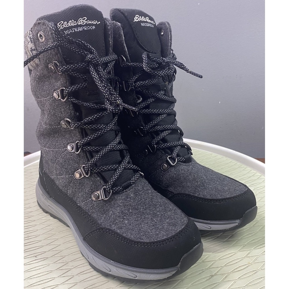 Eddie Bauer Womens Laurel Winter Boots Black&Gray Waterproof Mid Calf 6 EUC